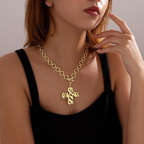 Women09 chunky gold 14K Gold Silver Cross Necklace - Non Tarnish Jewelry - Picture 2 of 7